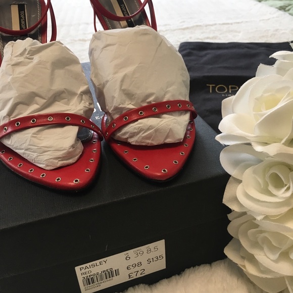 TOPSHOP Studded Limited Edition “Paisley” Leather Ankle Heels Red EU 39 / US 8.5 - Picture 10 of 15